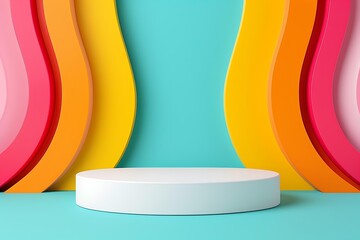 Vivid Hues, Empty Stage: A minimalist white platform takes center stage against a backdrop of vibrant, flowing rainbow stripes, offering a bold and playful space for product display. 