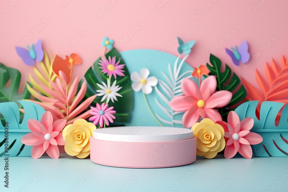 Wall mural blooming podium paradise: a 3d pastel podium for showcasing your products, nestled amidst a vibrant 