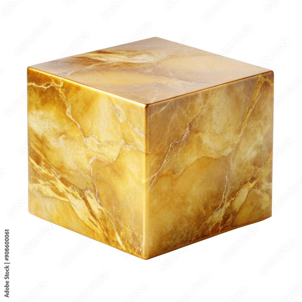 Poster golden marble cube with detailed veining displaying a smooth, polished surface and intricate natural