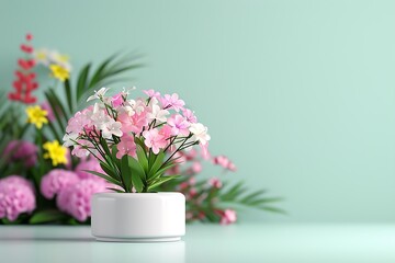 Fototapeta premium Blooming Serenity: A white ceramic pot cradles delicate pink and white blossoms, set against a serene teal backdrop with vibrant floral accents. 