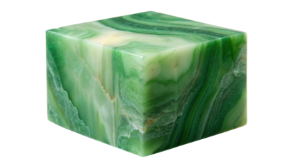 Jade Cube with Streaks showcasing vibrant green hues and intricate natural patterns with a smooth, polished surface. Isolated on transparent background, png.