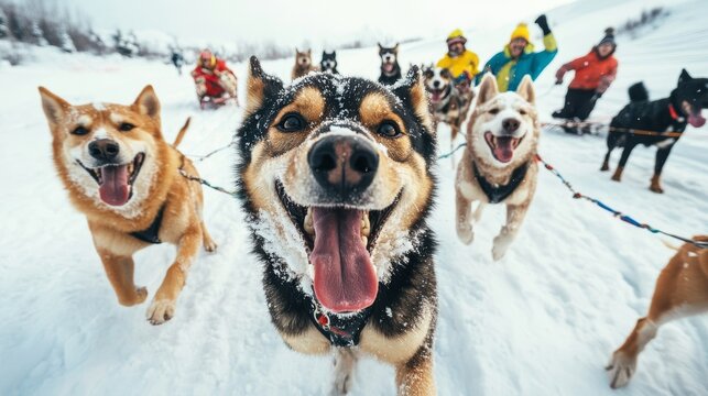 Pure Husky Joy: A pack of sled dogs in harness races through a snowy landscape, their tongues lolling and eyes bright with excitement.