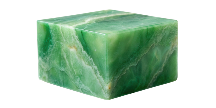 Jade Cube with Detailed Streaks displaying vibrant green hues, intricate patterns, and a smooth, polished surface. Isolated on transparent background, png.