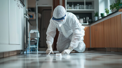 Pest Control Professional in Protective Gear Removing Cockroaches from Kitchen Floor - Highlights Essential Services of Pest Control Experts in Managing Severe Infestations Photo
