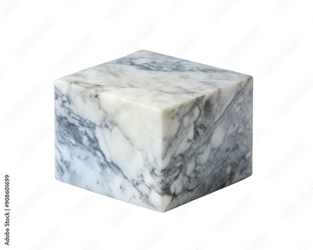Poster white marble cube with intricate grey veining displaying a smooth, polished surface and detailed nat