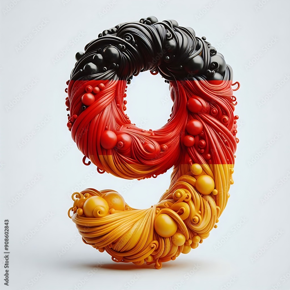 Poster number nine is made out of colorful balls and is twisted into a spiral. the design is playful and wh