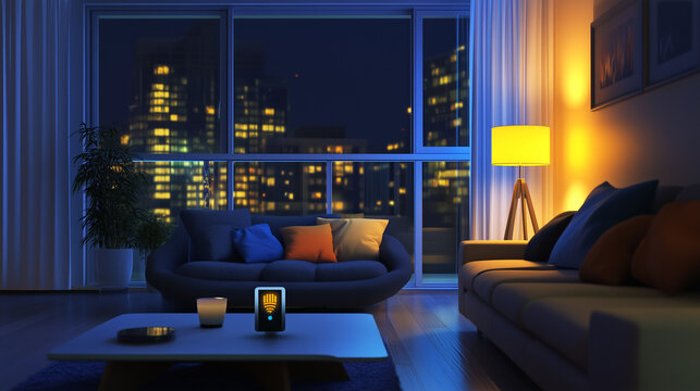 An evening image of a cozy living room with a smart device turned on shows modern, integrated technologies in action.
