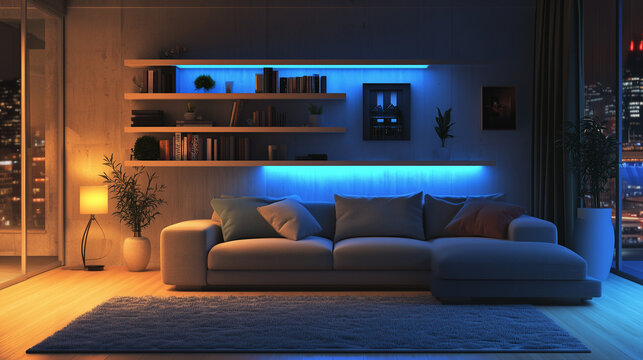 An evening image of a cozy living room with a smart device turned on shows modern, integrated technologies in action.
