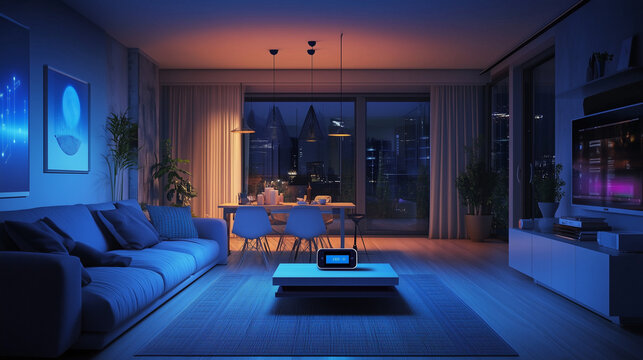 An evening image of a cozy living room with a smart device turned on shows modern, integrated technologies in action.
