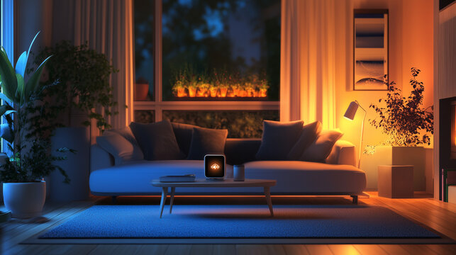 An evening image of a cozy living room with a smart device turned on shows modern, integrated technologies in action.
