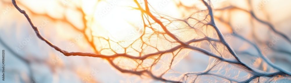 Poster a soft sunrise shining through delicate branches, creating a serene and calming atmosphere in nature
