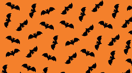 Vector seamless pattern with black bats on orange background. Scary Trick or Treat texture background repeatable wallpaper. Halloween party wallpaper pattern, fabric or textile autumn season