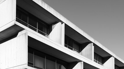 The brutalist-style facades, with their raw concrete surfaces and geometric shapes, stand out clearly against the contemporary urban backdrop.