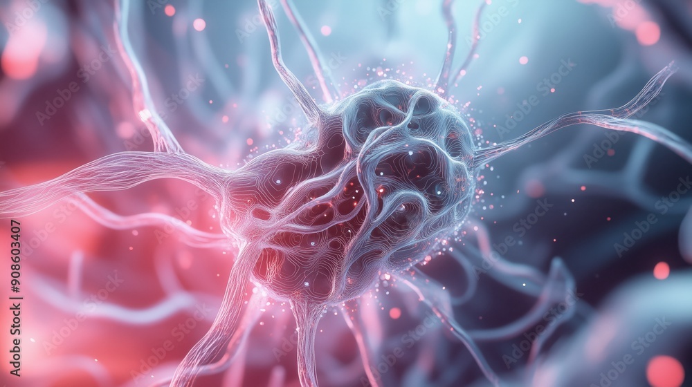 Poster a stunning abstract representation of a cellular structure showcasing intricate patterns and vibrant