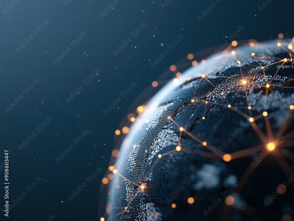 Poster a stunning digital globe representing global connectivity with bright nodes and intricate networks a
