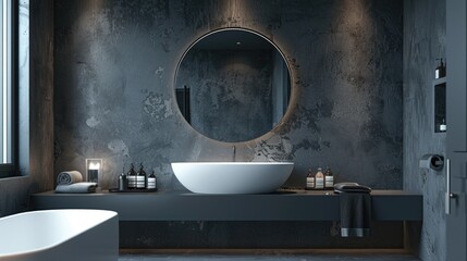 Sleek Bathroom Design, deep charcoal walls, minimalist sink and mirror
