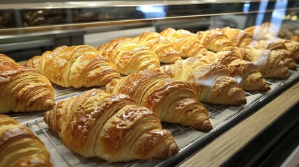 Freshly Baked Croissants in a Bakery Display Case Shining Under Warm Lights