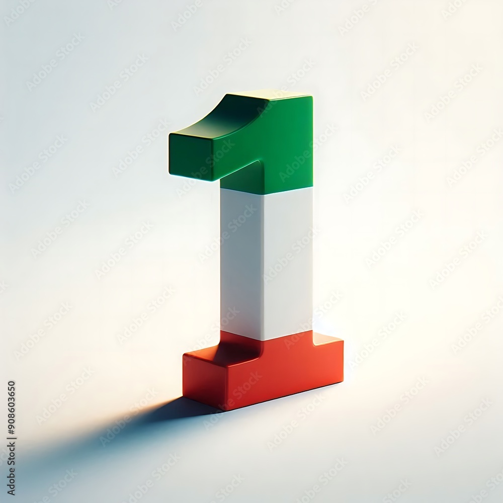 Poster a red, white, and green number 1 is shown in a white background. the number is made up of three diff