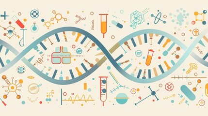 A double helix DNA strand is surrounded by medical icons, including microscopes, test tubes, and stethoscopes, showcasing the intersection of biology and medicine. Generative AI
