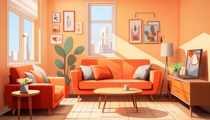Fototapeta premium cozy interior flat design front view, warm living room, cartoon drawing, Complementary Color Scheme