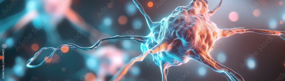 Poster close-up of a colorful neuron with glowing connections, illustrating neural communication and brain 