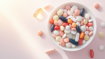 Colorful assortment of various pills and supplements in a white bowl on a soft background, symbolizing health and wellness.