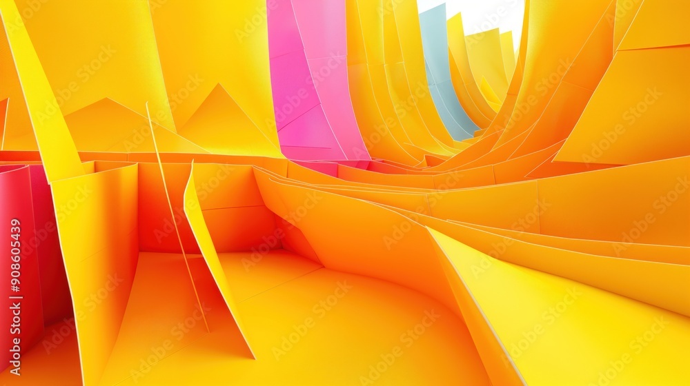Poster bright yellow background features a maze made of folded paper. 3d rendering creates a unique and fut