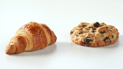 Fresh Croissant and Chocolate Chip Cookie on White Background