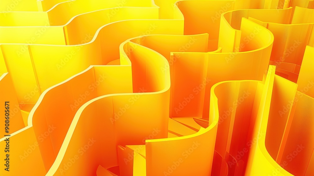 Poster bright yellow background features folded paper maze design with vibrant colors. 3d rendering creates