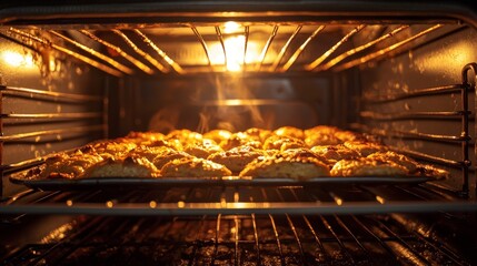 Freshly Baked Cookies in Oven with Golden Brown Top Under Warm Light