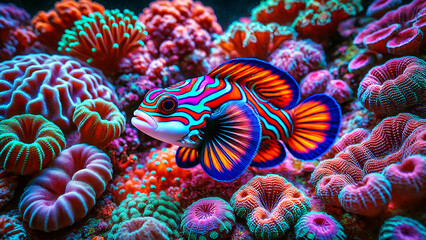 Obraz premium mandarinfish swimming among vibrant corals