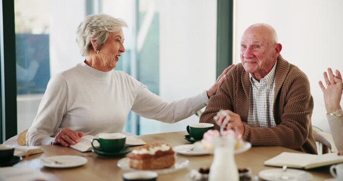 Lunch, talking and old man in group, nostalgia and cake for tea party, drink and dining room in house. Storytelling, chat and elderly people in retirement, coffee and conversation with friends