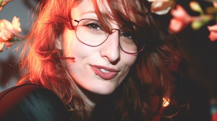 Fototapeta premium Portrait of a Red-Haired Woman with Glasses in Warm Lighting