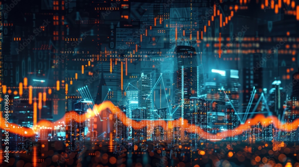 Poster computer screens in the office display candlestick charts of financial business reports and stock in