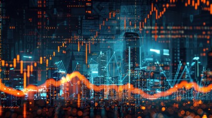 Computer screens in the office display candlestick charts of financial business reports and stock investment trading statistics.