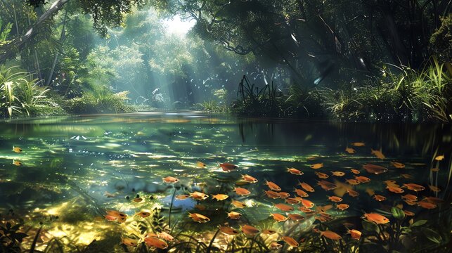 Techinfused river ecosystems, dynamically focused on water clarity and life under the surface