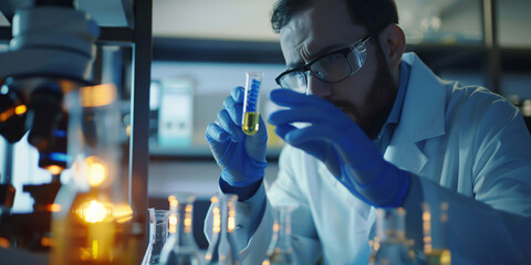 A scientist carefully examines a test tube filled with a yellow liquid, likely conducting a research experiment in a laboratory.
