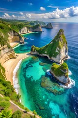 Aerial view of Diamond Beach, Nusa Penida, Bali Indonesia, most beautiful beach in the world