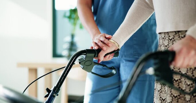 Senior woman, nurse and helping with walking for rehabilitation, support and retirement care in clinic. Elderly patient, caregiver and walker for physio with disability, mobility and stroke recovery