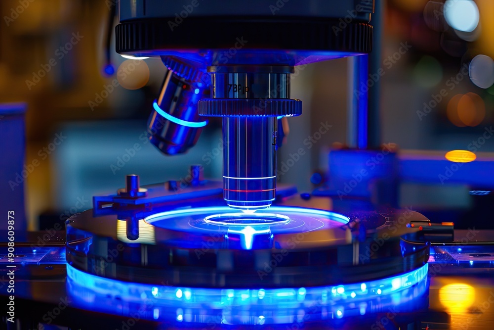 Poster a blue object with a blue light on it. the microscope is on a table