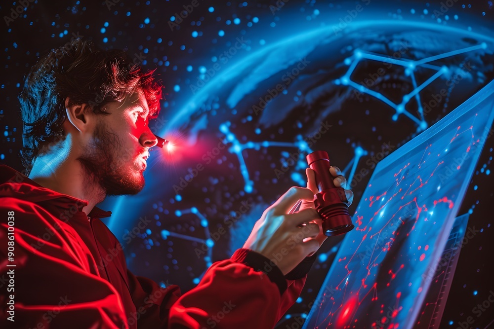Poster cybersecurity expert analyzing digital network with red laser pointer