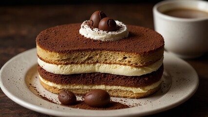 a classic tiramisu served on a dark brown ceramic plate