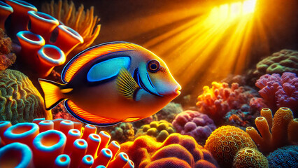 Obraz premium Regal Tang with a background of colorful sponges under warm