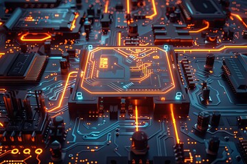 Fototapeta premium A computer chip is lit up in orange and blue. The chip is surrounded by other electronic components