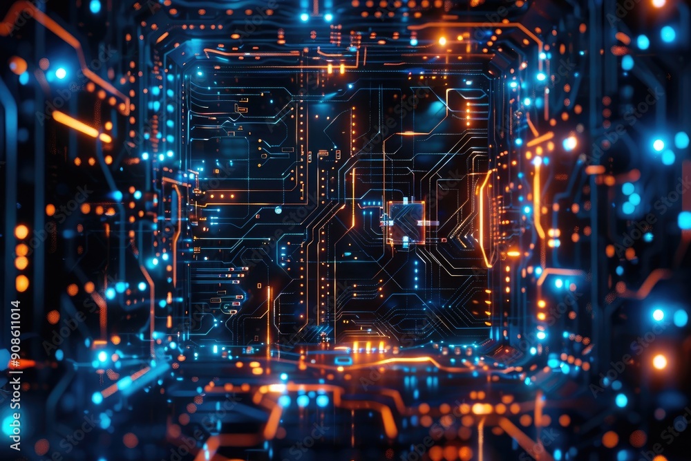 Poster a computer chip is shown in a blue and orange color scheme. the image is abstract and has a futurist