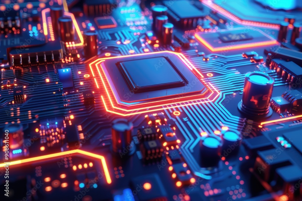 Poster a close up of a computer chip with a blue background. the chip is lit up with red and orange lights