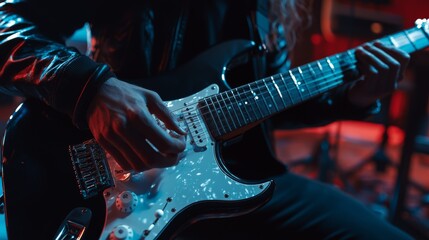 Close-Up of Electric Guitar Player in Leather Jacket Performing in Concert