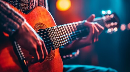 Obraz premium Close-Up of Hands Playing Acoustic Guitar with Vibrant Lighting in Background