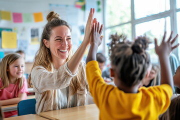 Smiling teacher giving a high-five to a student in a joyful classroom setting.