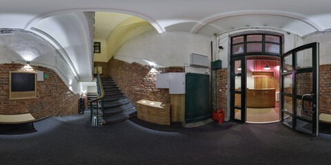 360 hdri panorama in loft reception near emergency and evacuation exit stair in red bricks wall...